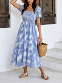 Gingham Smocked Puff-Sleeve Midi Dress