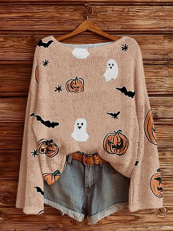 Halloween Ghost Print Boat-Neck Jumper