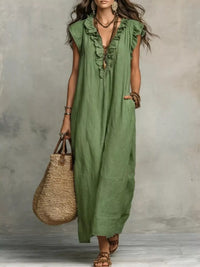 Ruffled Cap-Sleeve Maxi Dress with Pockets