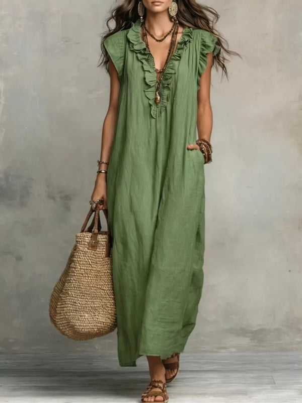 Ruffled Cap-Sleeve Maxi Dress with Pockets