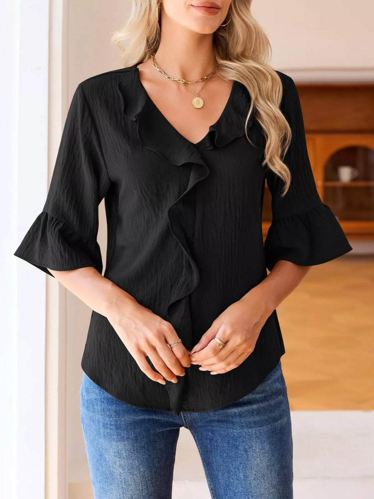 Champagne Ruffle V-Neck Blouse