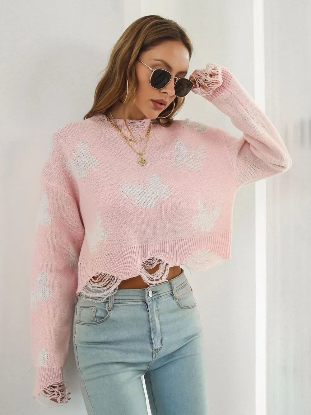 Butterfly Distressed Cropped Jumper