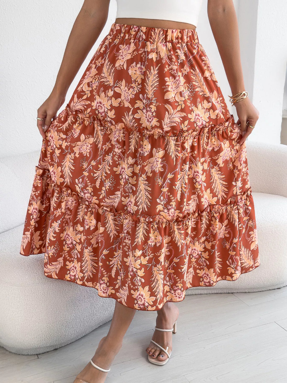 Midnight Floral Ruffle-Hem Midi Skirt