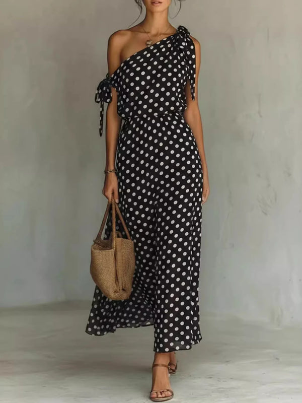 Polka Dot One-Shoulder Tie Maxi Dress