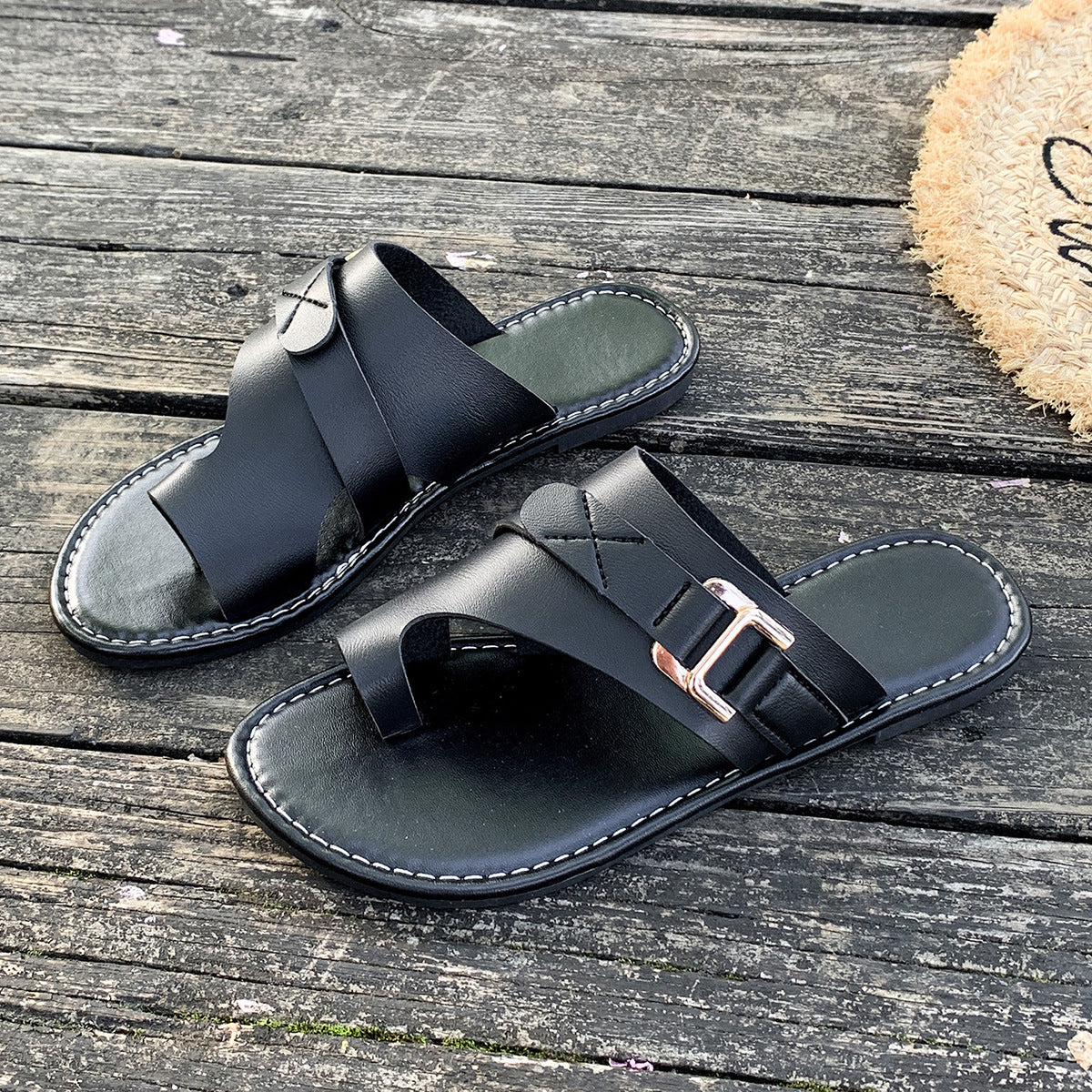 Buckle Toe-Loop Slider Sandals