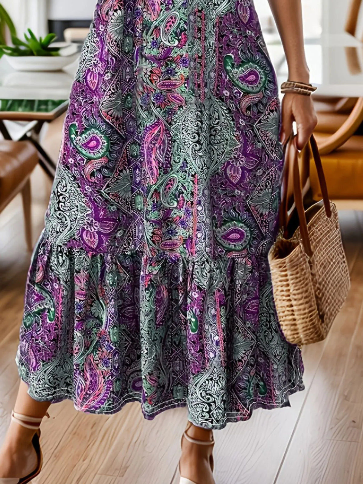 Boho Paisley Ruffle-Hem Midi Dress