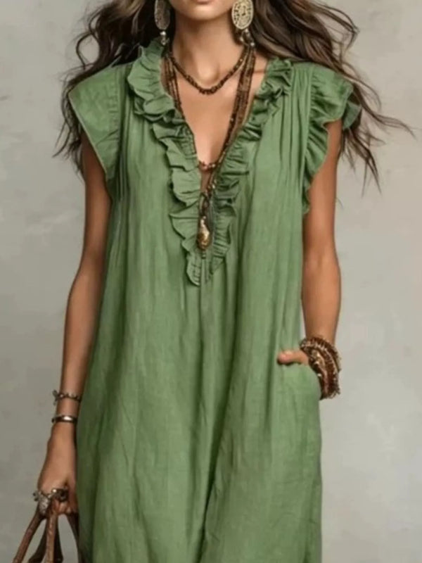Ruffled Cap-Sleeve Maxi Dress with Pockets