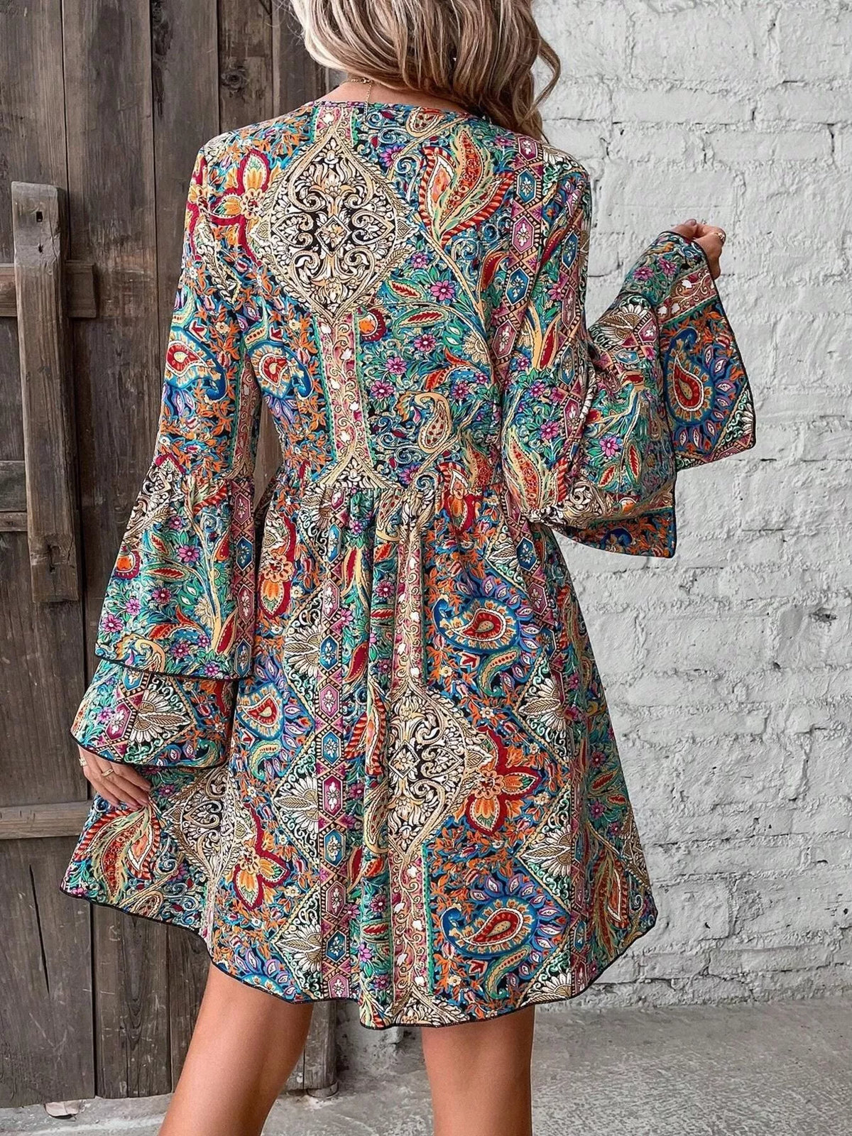 Paisley Bell-Sleeve V-Neck Mini Dress