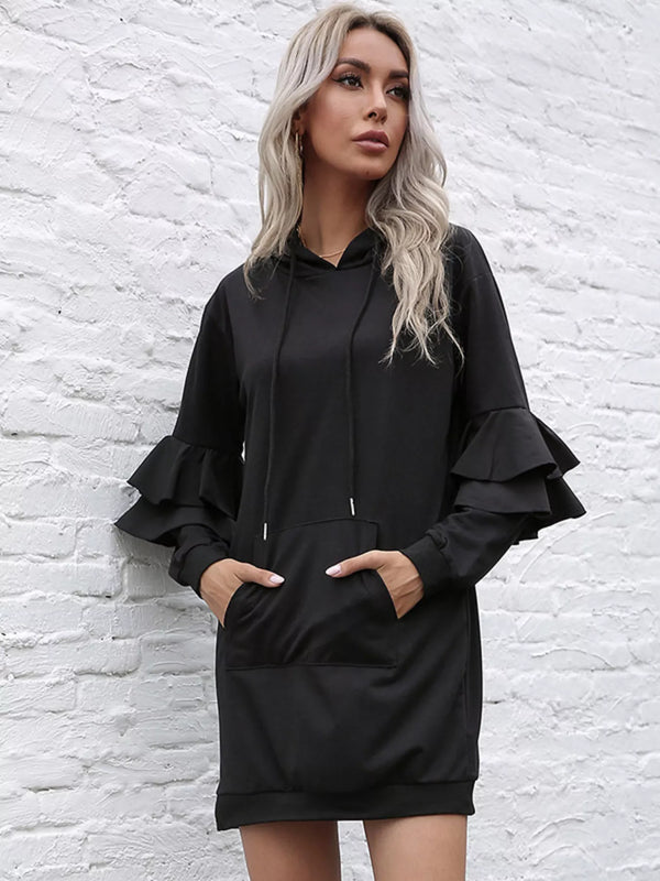 Ruffle-Sleeve Hooded Sweater Dress