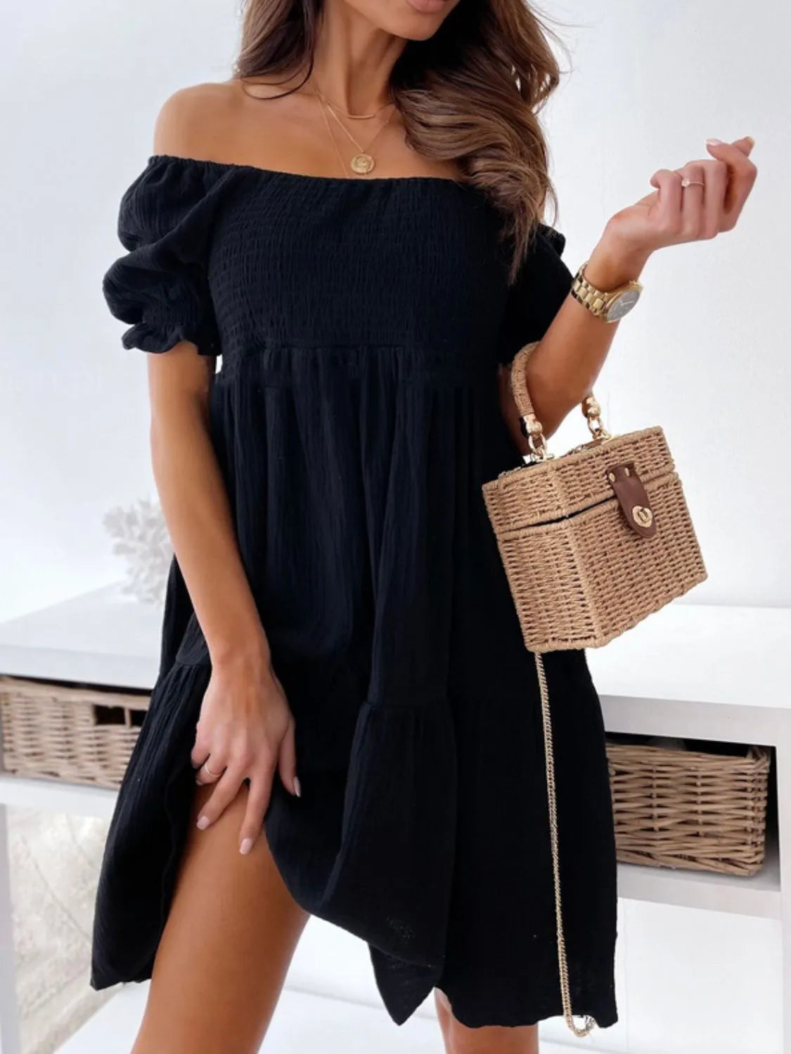Bardot Smocked Off-Shoulder Mini Dress