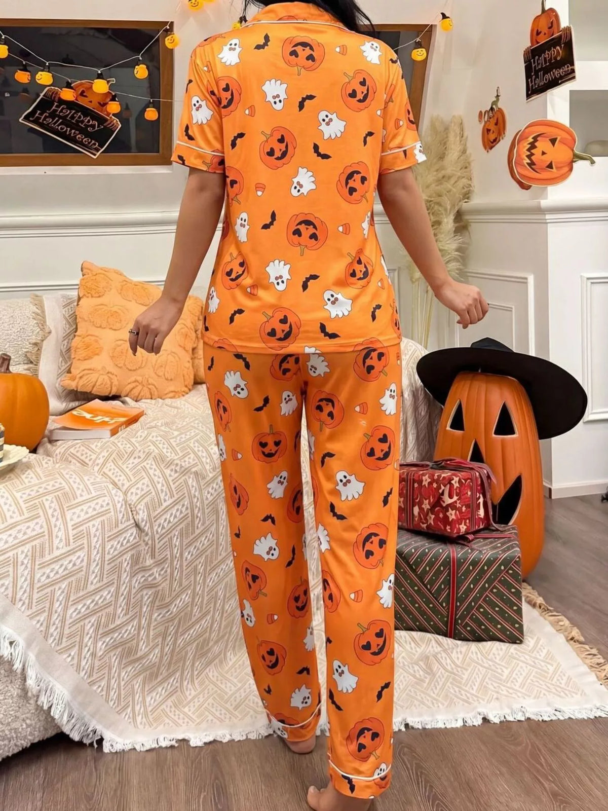 Pumpkin Print Button-Up Pyjama Set