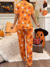 Pumpkin Print Button-Up Pyjama Set