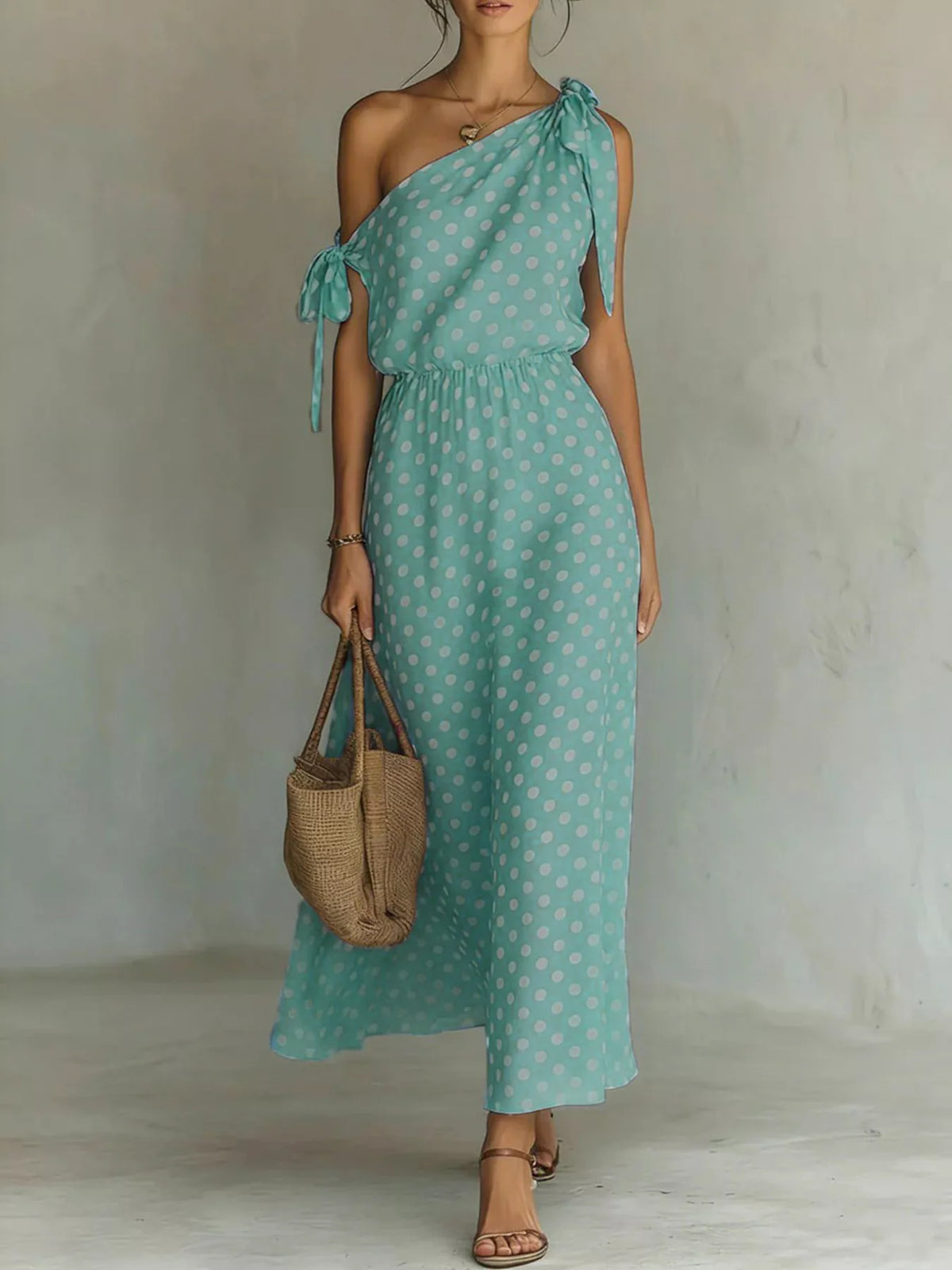 Polka Dot One-Shoulder Tie Maxi Dress