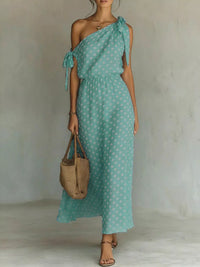Polka Dot One-Shoulder Tie Maxi Dress