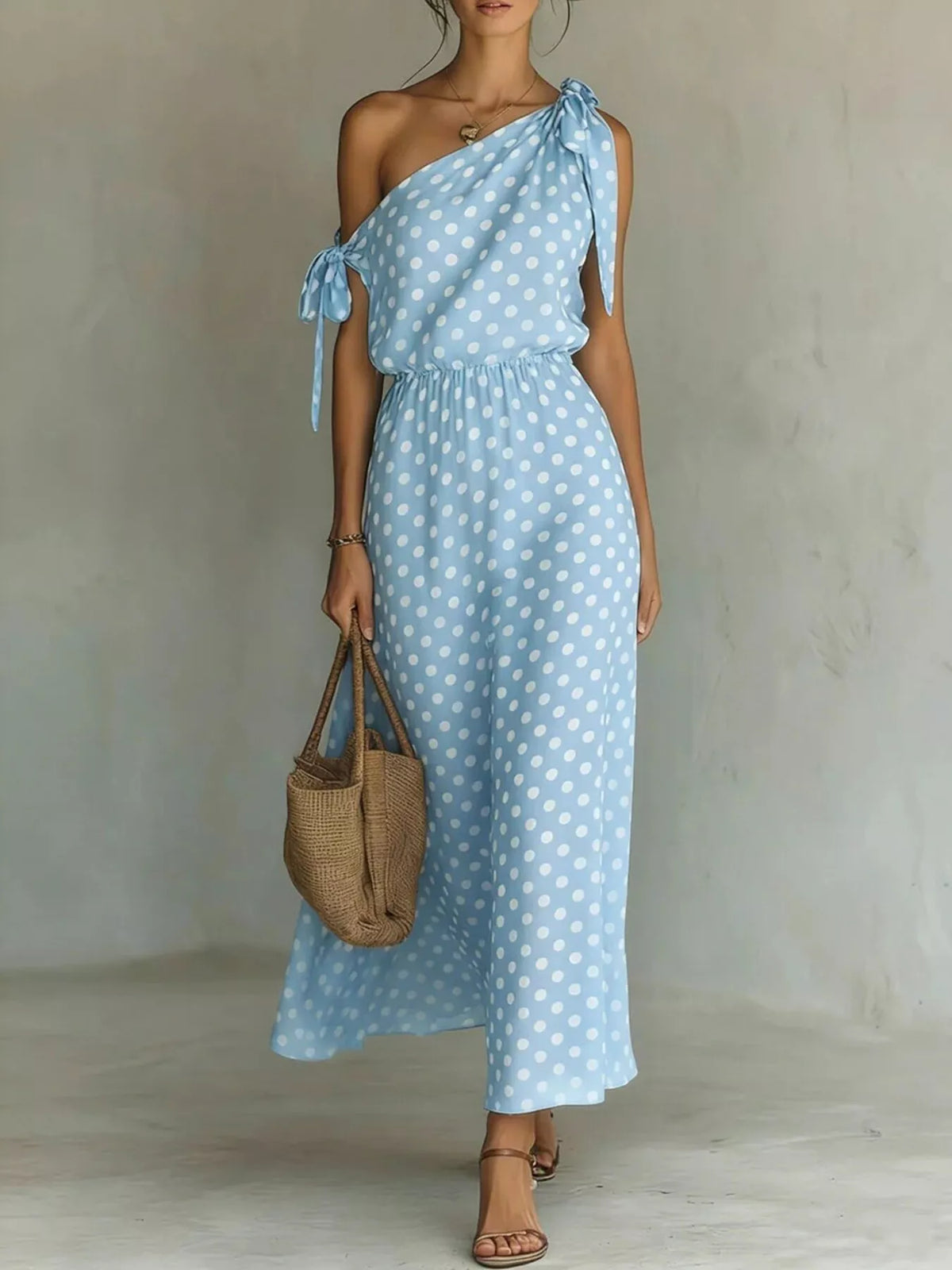 Polka Dot One-Shoulder Tie Maxi Dress
