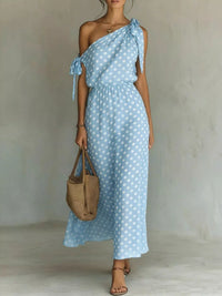 Polka Dot One-Shoulder Tie Maxi Dress