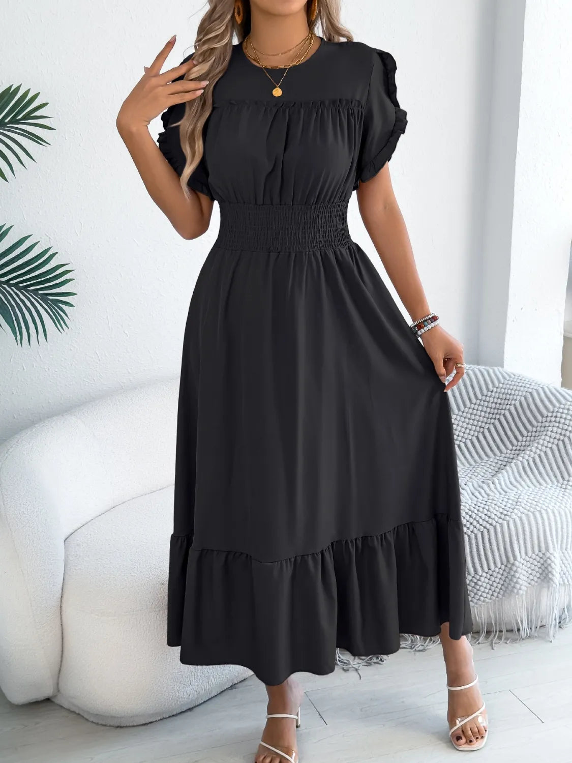 Smocked Frill-Neck Midi Dress