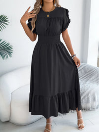 Smocked Frill-Neck Midi Dress