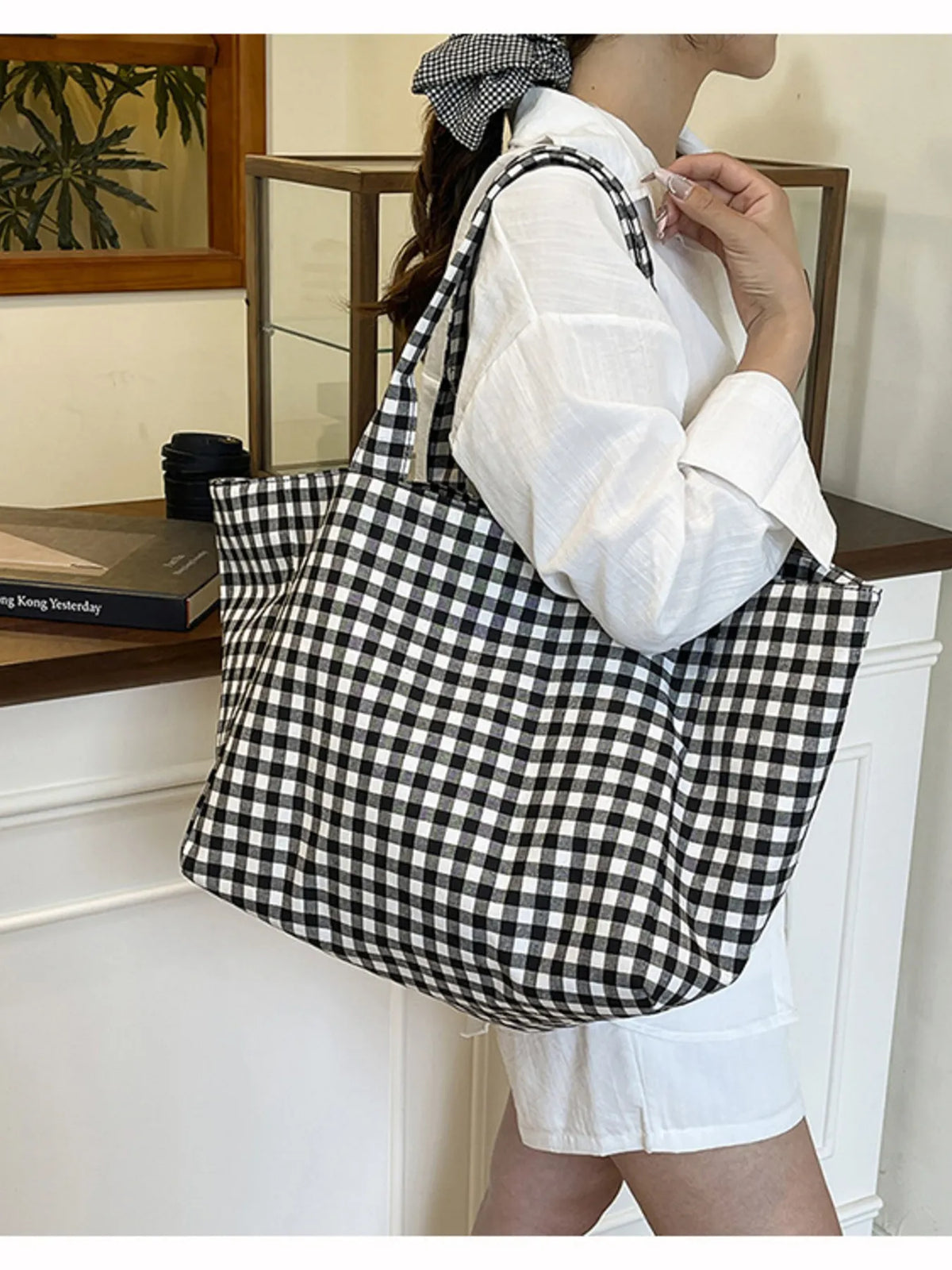 Gingham Canvas Shopper Tote