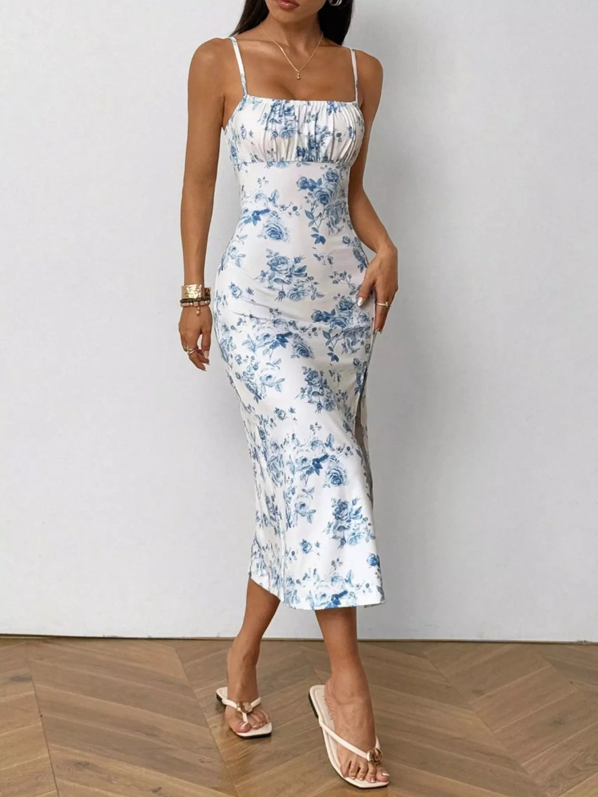 Porcelain Bloom Ruched Slip Dress