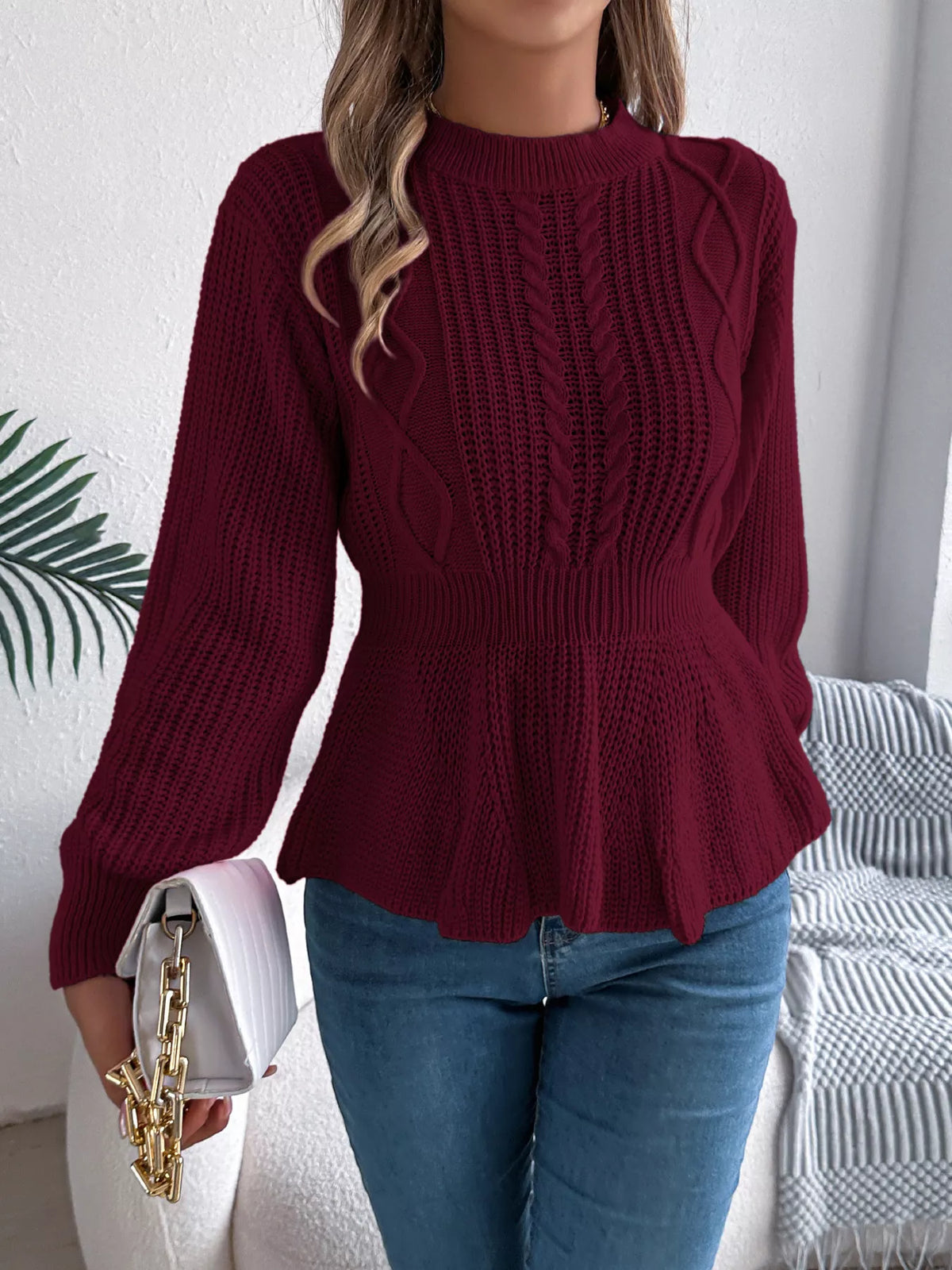 Crew-Neck Cable-Knit Peplum Jumper