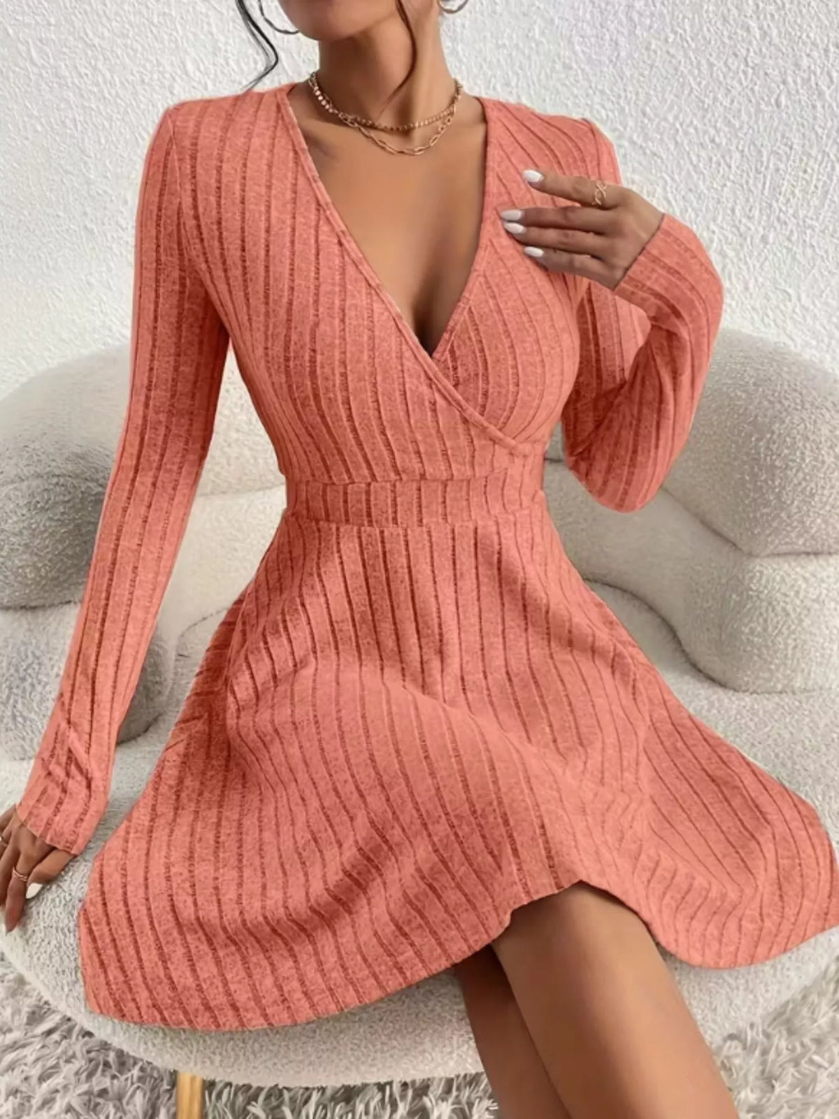 Soft Ribbed Wrap Knit Mini Dress