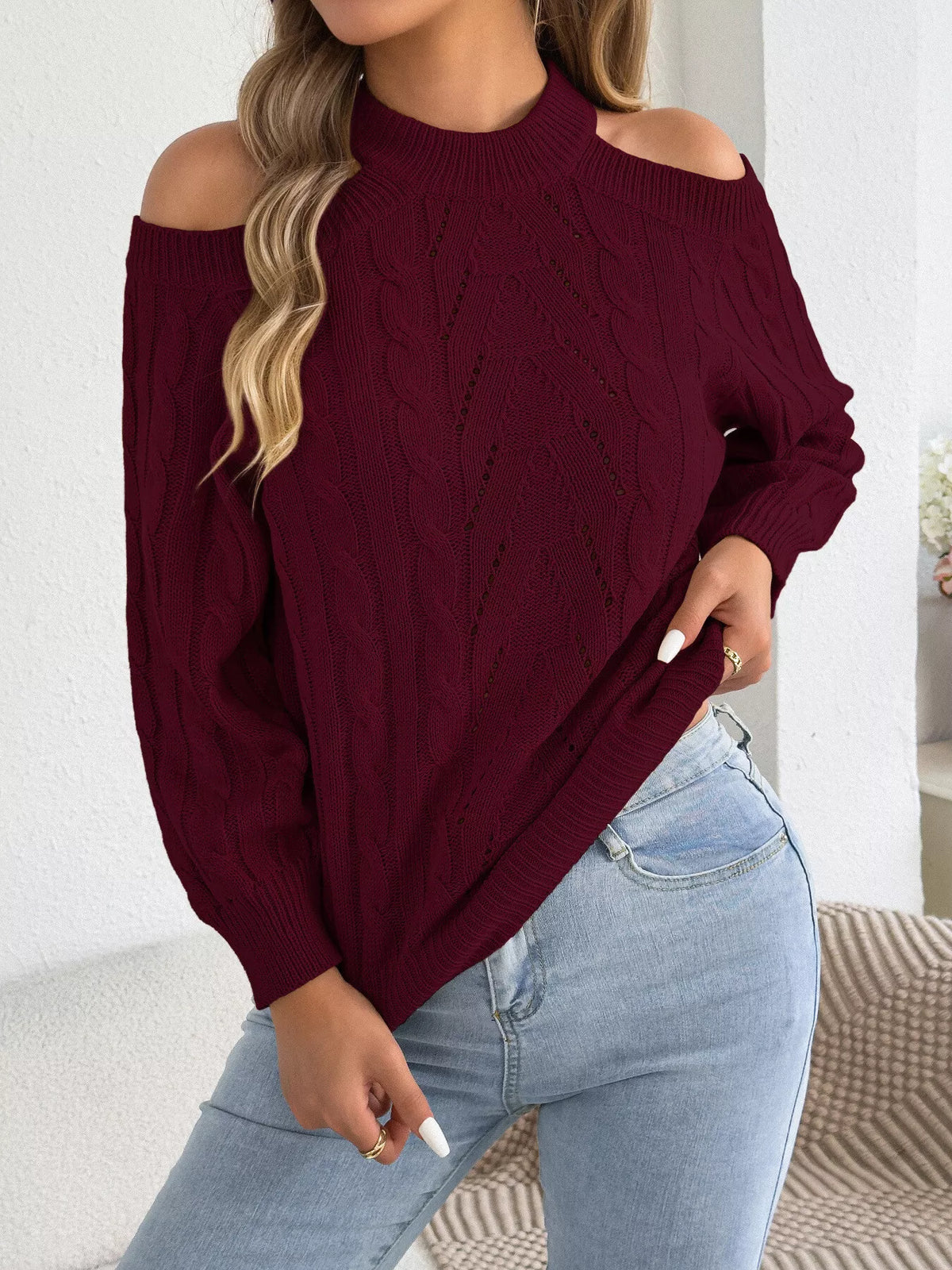Cold-Shoulder Cable-Knit Jumper
