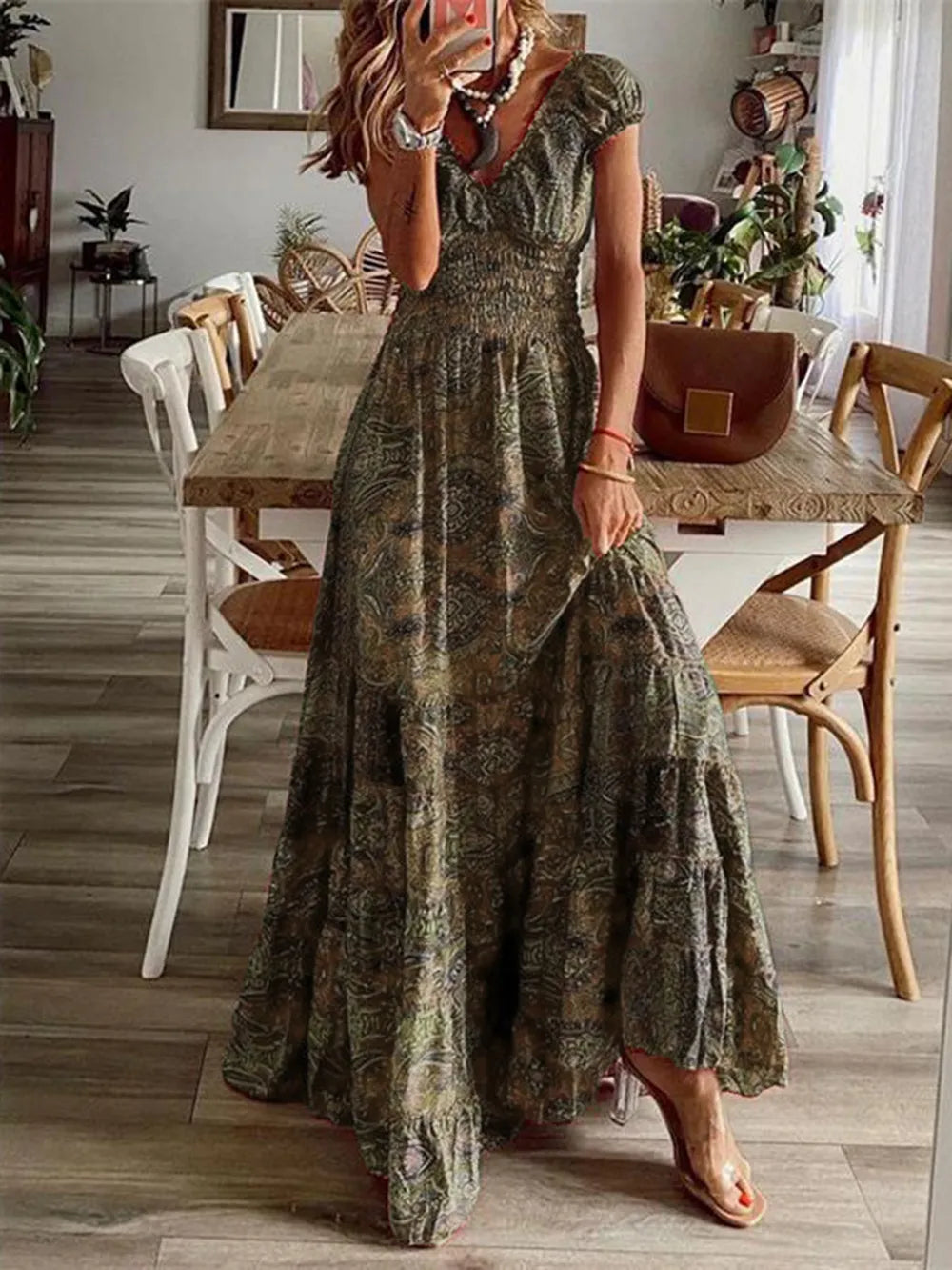 Smocked Printed V-Neck Maxi Dress