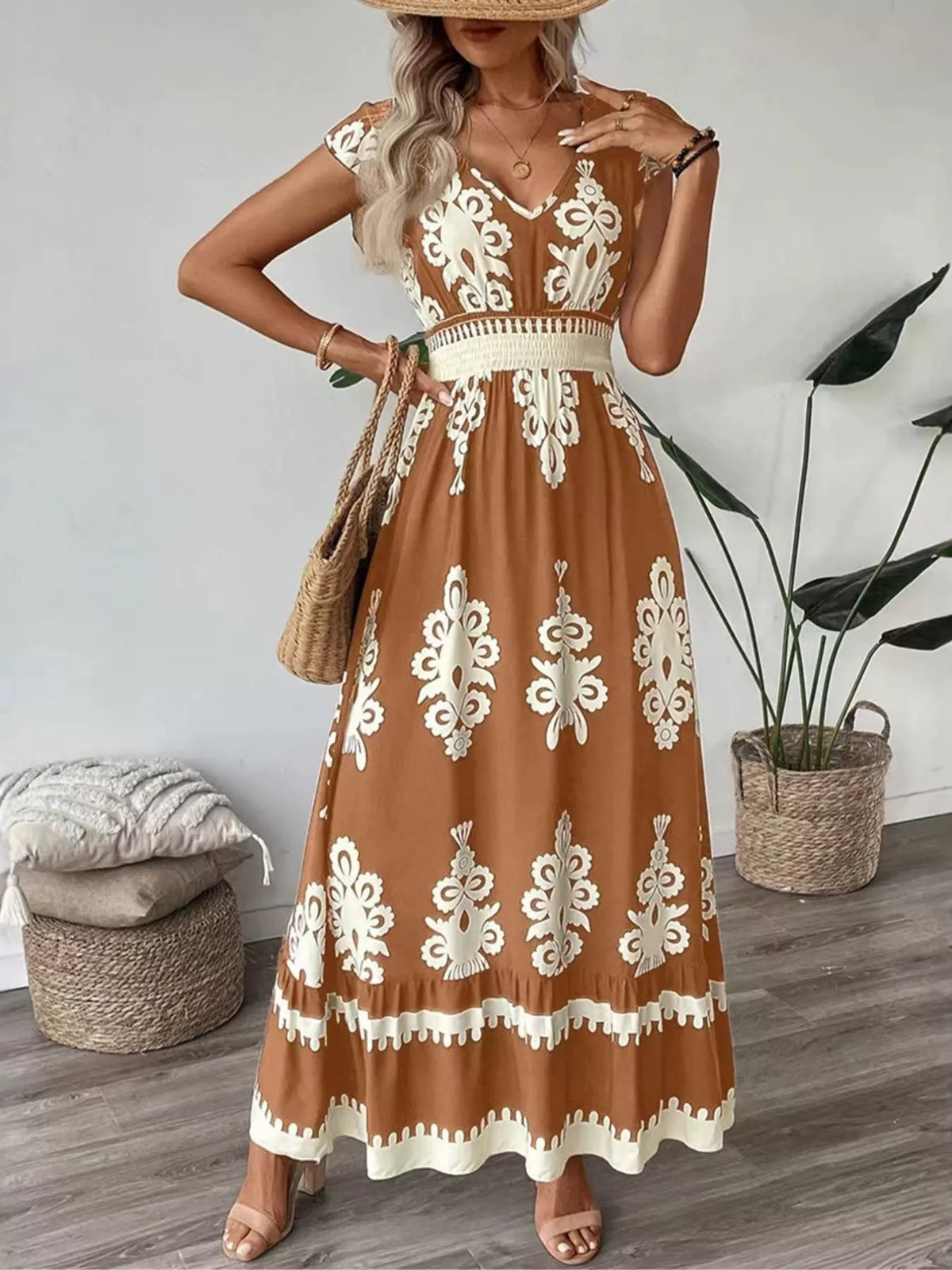 Printed Ruffle V-Neck Maxi Dress