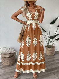 Printed Ruffle V-Neck Maxi Dress