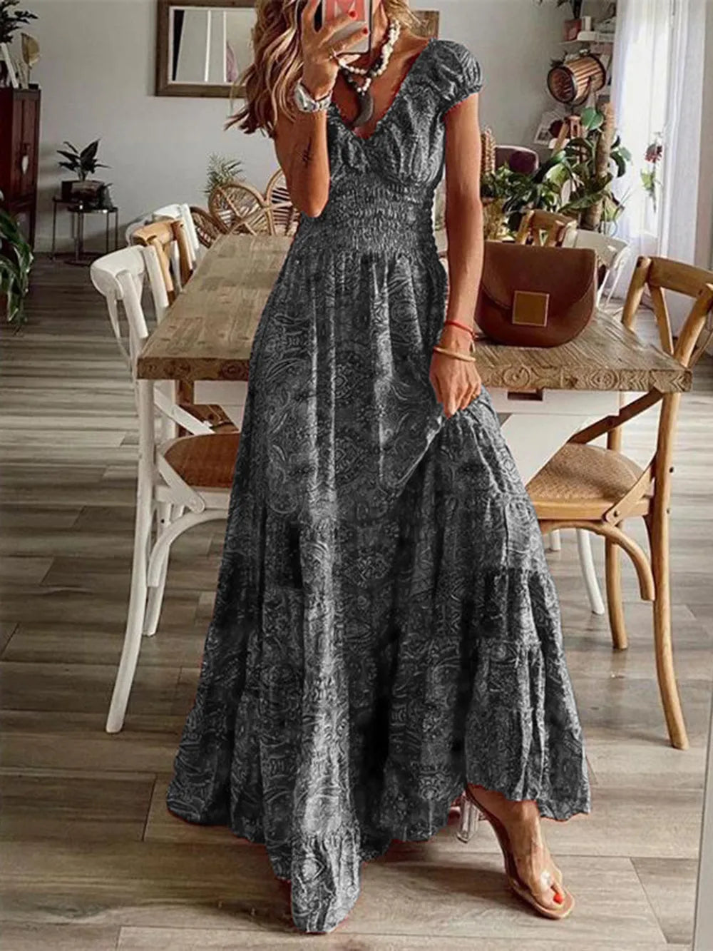 Smocked Printed V-Neck Maxi Dress
