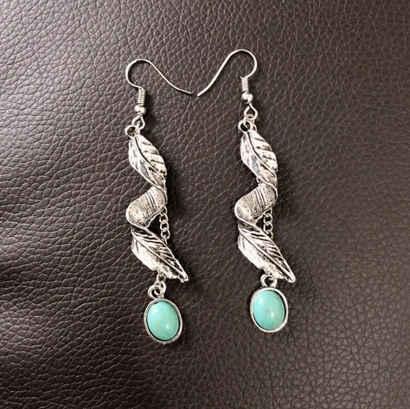 Silver Leaf & Turquoise Drop Earrings