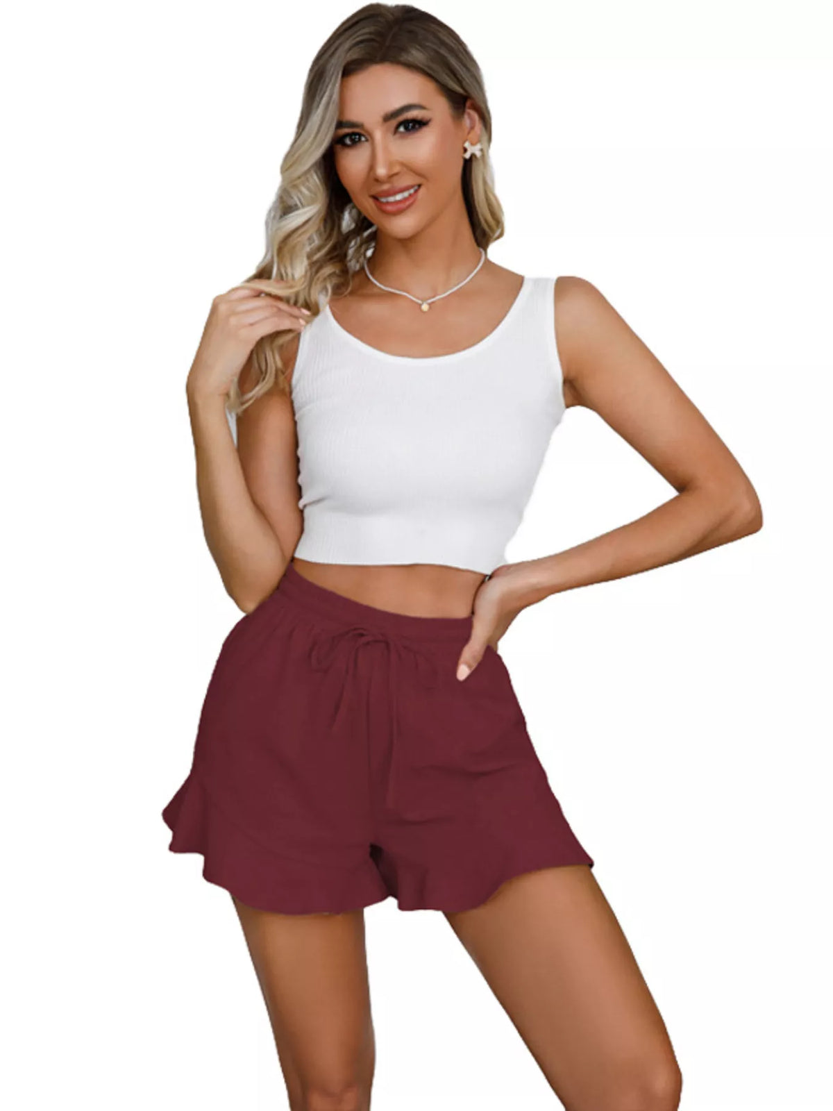 Blush Ruffle-Hem Drawstring Shorts