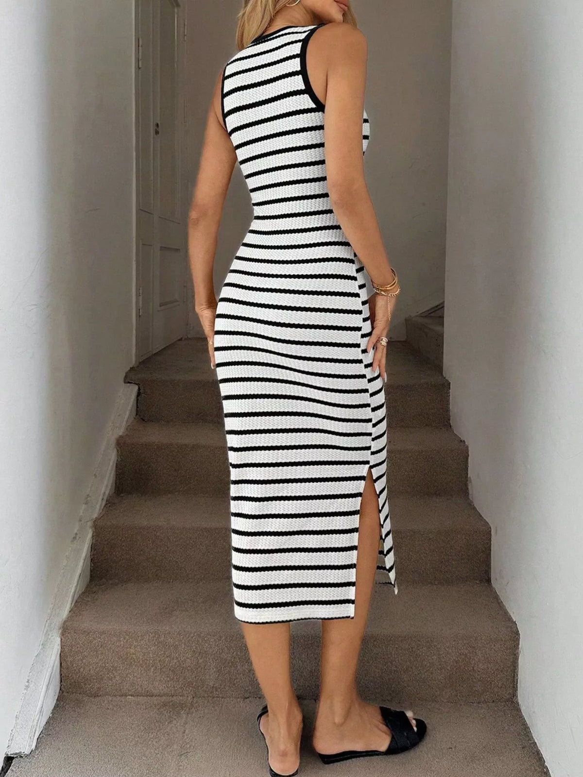 Monochrome Stripe Bodycon Midi Dress