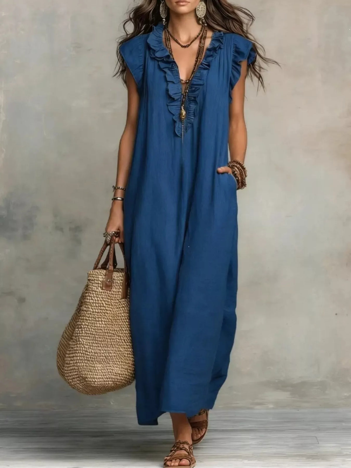 Ruffled Cap-Sleeve Maxi Dress with Pockets