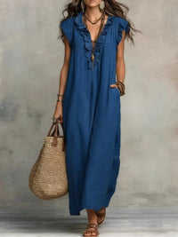 Ruffled Cap-Sleeve Maxi Dress with Pockets