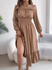 Balloon-Sleeve Tiered Smocked Maxi Dress