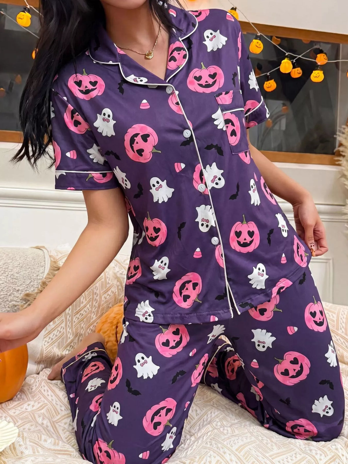 Pumpkin Print Button-Up Pyjama Set