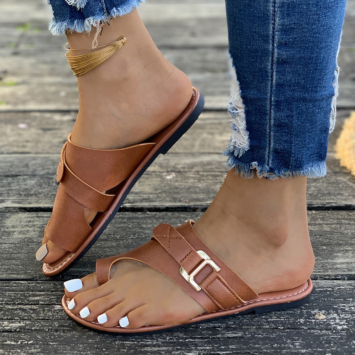 Buckle Toe-Loop Slider Sandals