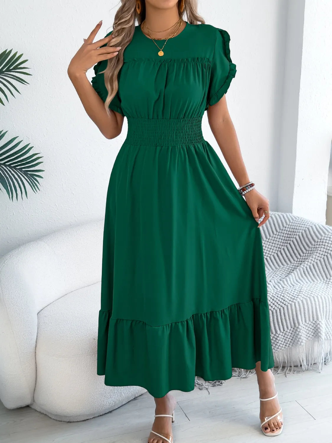 Smocked Frill-Neck Midi Dress