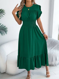 Smocked Frill-Neck Midi Dress