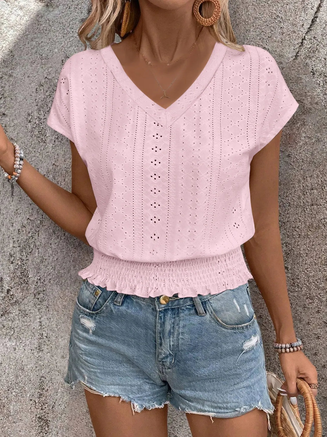 Summer Eyelet V-Neck Blouse