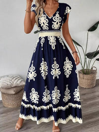 Printed Ruffle V-Neck Maxi Dress