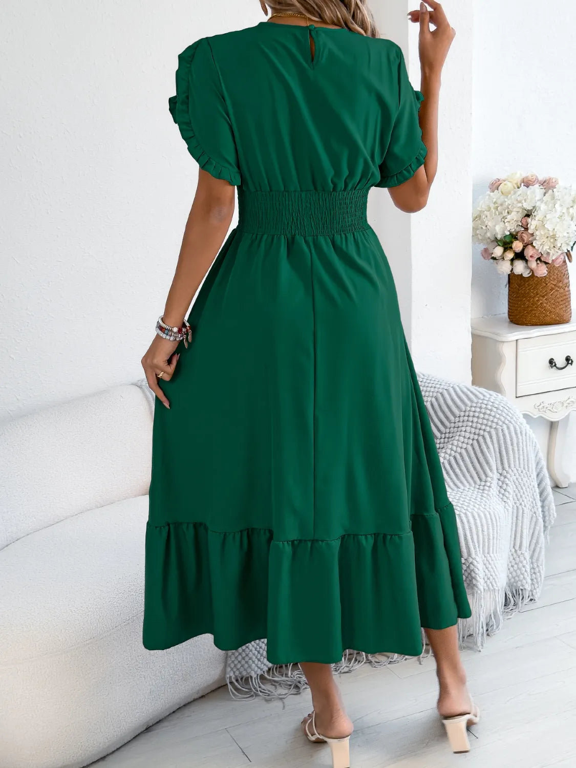 Smocked Frill-Neck Midi Dress