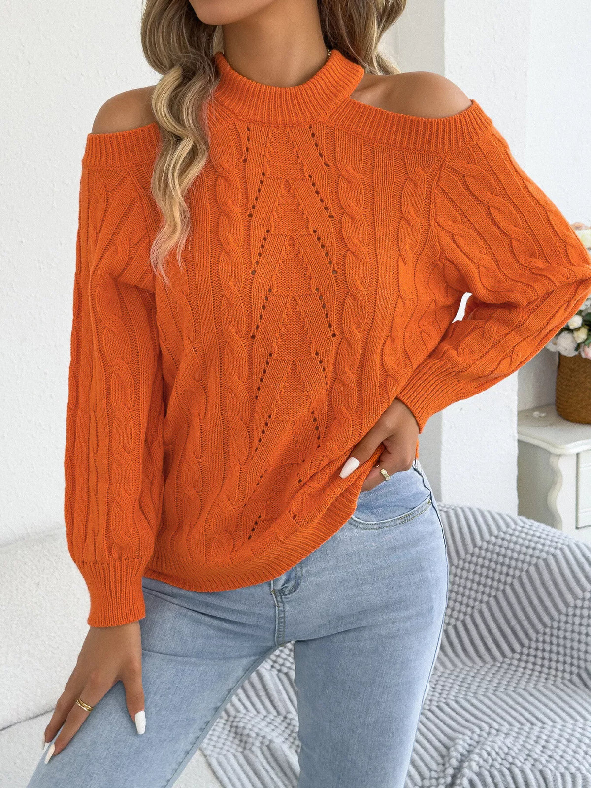 Cold-Shoulder Cable-Knit Jumper