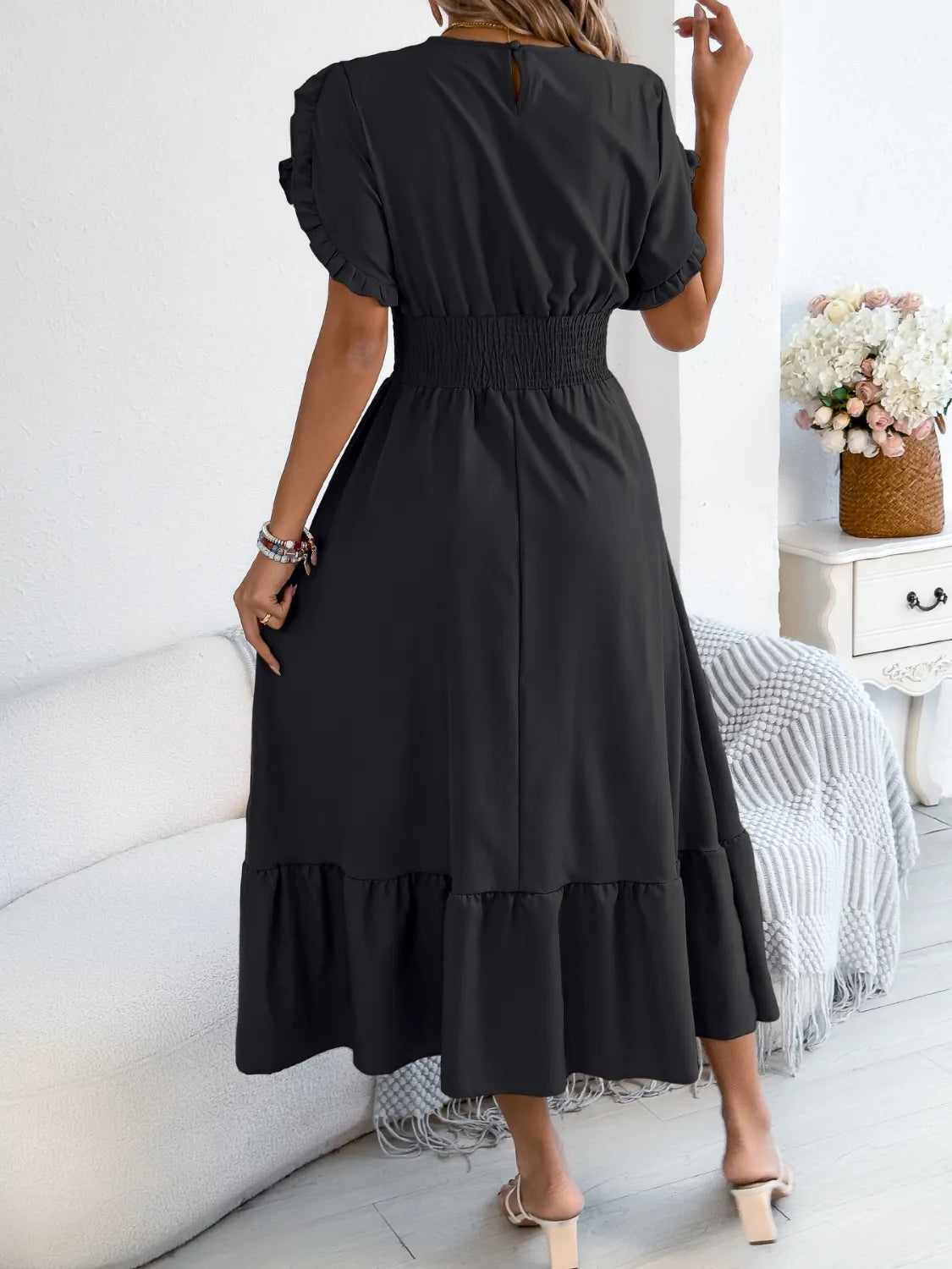 Smocked Frill-Neck Midi Dress