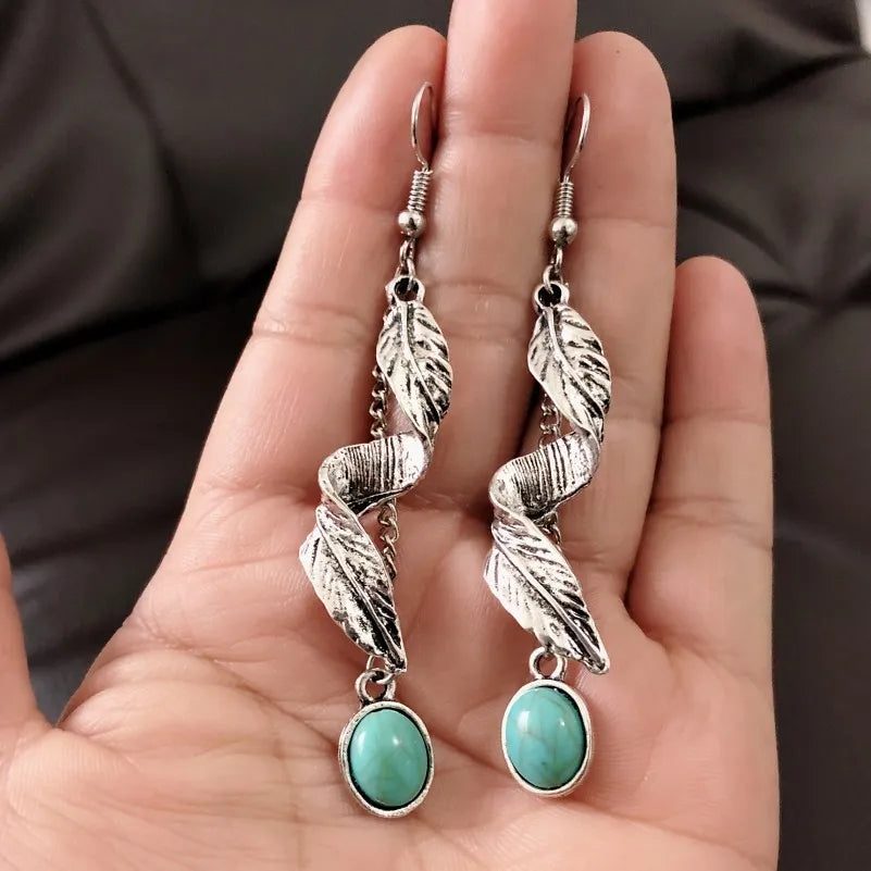Silver Leaf & Turquoise Drop Earrings