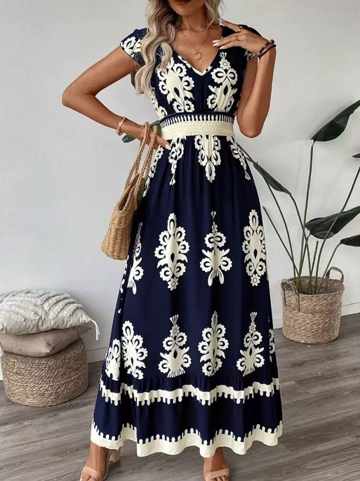 Printed Ruffle V-Neck Maxi Dress