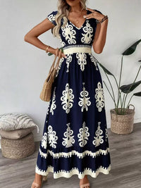 Printed Ruffle V-Neck Maxi Dress