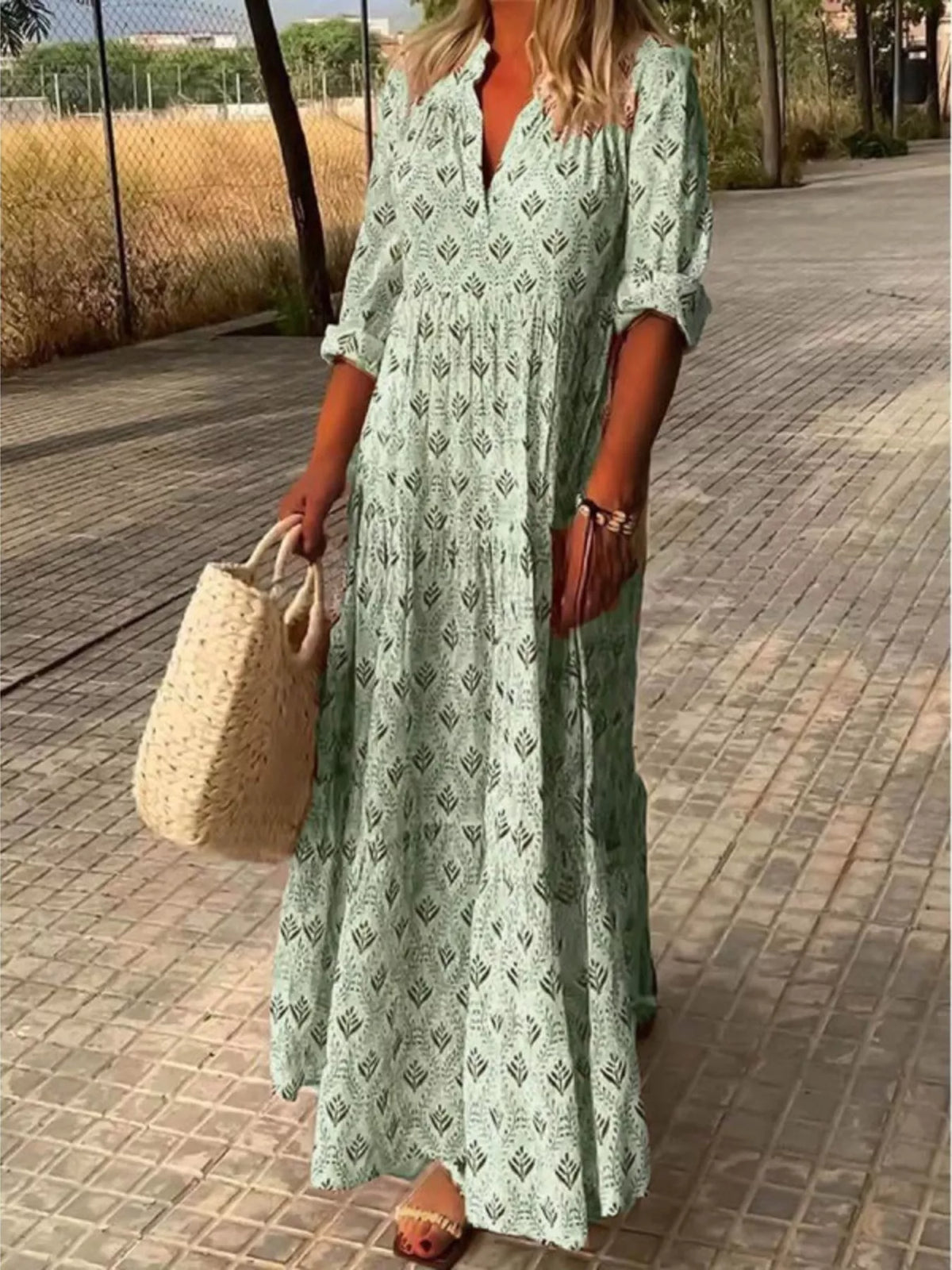 Printed Tiered Maxi Dress with Notch Neck